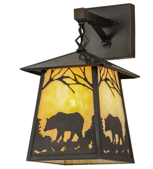 Meyda Lighting Stillwater 8" Craftsman Brown Bear at Dawn Hanging Wall Sconce With Beige Art Shade Glass