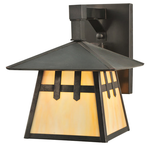 Meyda Lighting Stillwater 8" Craftsman Brown Double Cross Mission Wall Sconce With Beige Shade Glass
