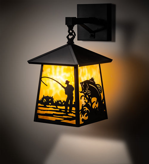 Meyda Lighting Stillwater 8" Craftsman Brown Fly Fishing Creek Hanging Wall Sconce With Beige Flemish Shade Glass