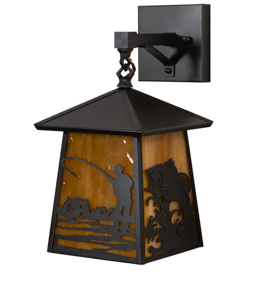 Meyda Lighting Stillwater 8" Craftsman Brown Fly Fishing Creek Hanging Wall Sconce With Beige Flemish Shade Glass
