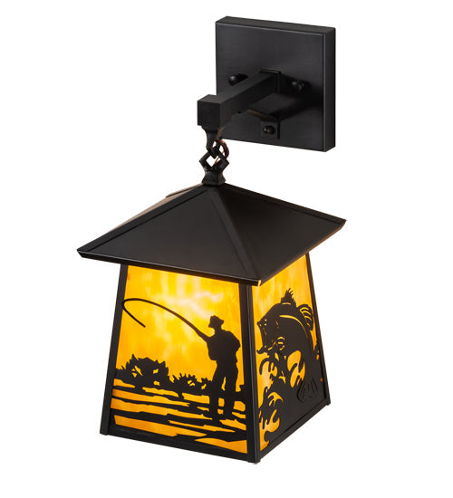 Meyda Lighting Stillwater 8" Craftsman Brown Fly Fishing Creek Hanging Wall Sconce With Beige Flemish Shade Glass
