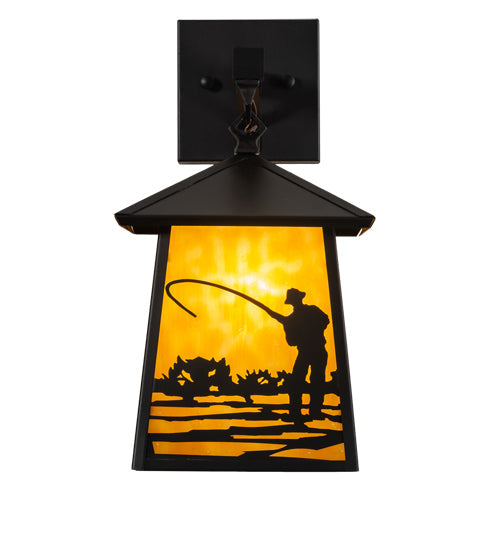 Meyda Lighting Stillwater 8" Craftsman Brown Fly Fishing Creek Hanging Wall Sconce With Beige Flemish Shade Glass