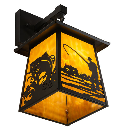 Meyda Lighting Stillwater 8" Craftsman Brown Fly Fishing Creek Hanging Wall Sconce With Beige Flemish Shade Glass