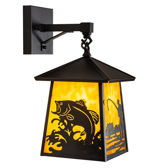 Meyda Lighting Stillwater 8" Craftsman Brown Fly Fishing Creek Hanging Wall Sconce With Beige Flemish Shade Glass