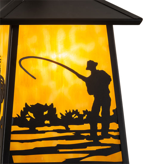 Meyda Lighting Stillwater 8" Craftsman Brown Fly Fishing Creek Hanging Wall Sconce With Beige Flemish Shade Glass