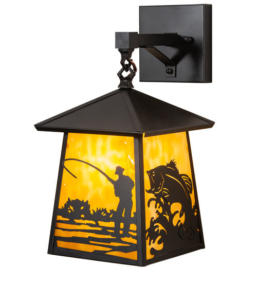 Meyda Lighting Stillwater 8" Craftsman Brown Fly Fishing Creek Hanging Wall Sconce With Beige Flemish Shade Glass