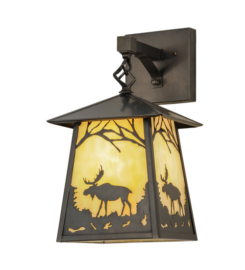 Meyda Lighting Stillwater 8" Craftsman Brown Moose at Dawn Hanging Wall Sconce With Beige Art Shade Glass
