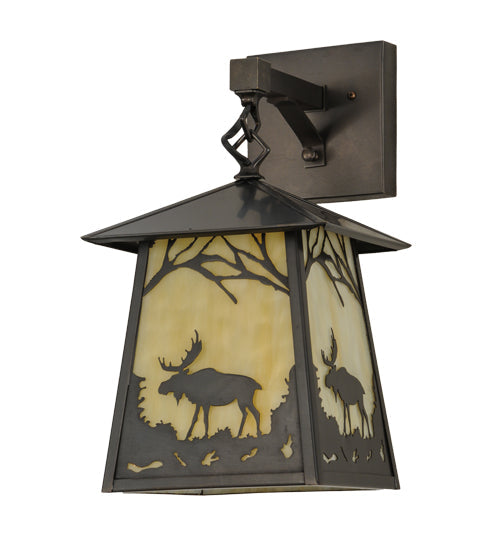 Meyda Lighting Stillwater 8" Craftsman Brown Moose at Dawn Hanging Wall Sconce With Beige Art Shade Glass