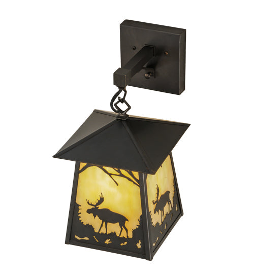 Meyda Lighting Stillwater 8" Craftsman Brown Moose at Dawn Hanging Wall Sconce With Beige Art Shade Glass