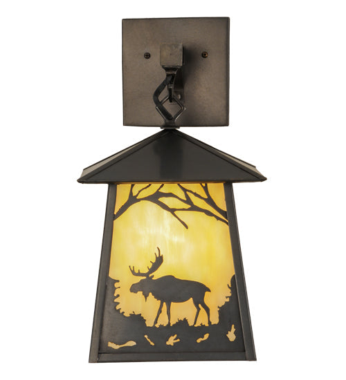 Meyda Lighting Stillwater 8" Craftsman Brown Moose at Dawn Hanging Wall Sconce With Beige Art Shade Glass