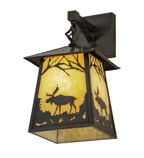 Meyda Lighting Stillwater 8" Craftsman Brown Moose at Dawn Hanging Wall Sconce With Beige Art Shade Glass