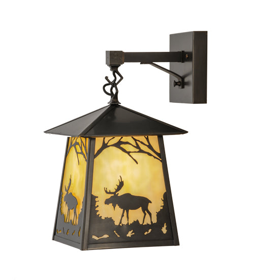 Meyda Lighting Stillwater 8" Craftsman Brown Moose at Dawn Hanging Wall Sconce With Beige Art Shade Glass