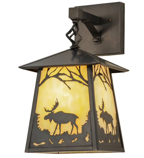 Meyda Lighting Stillwater 8" Craftsman Brown Moose at Dawn Hanging Wall Sconce With Beige Art Shade Glass