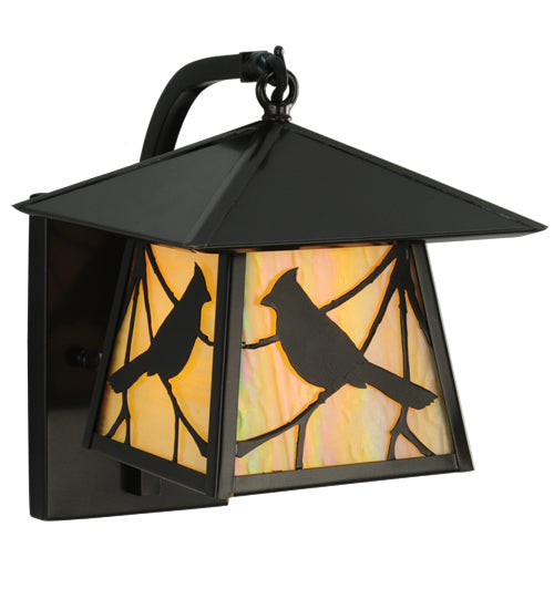 Meyda Lighting Stillwater 8" Craftsman Brown Song Bird Curved Arm Wall Sconce With Beige Irridescent Shade Glass
