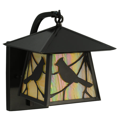 Meyda Lighting Stillwater 8" Craftsman Brown Song Bird Curved Arm Wall Sconce With Beige Irridescent Shade Glass