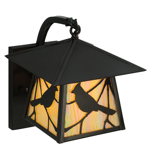 Meyda Lighting Stillwater 8" Craftsman Brown Song Bird Curved Arm Wall Sconce With Beige Irridescent Shade Glass