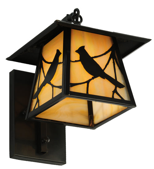 Meyda Lighting Stillwater 8" Craftsman Brown Song Bird Curved Arm Wall Sconce With Beige Irridescent Shade Glass