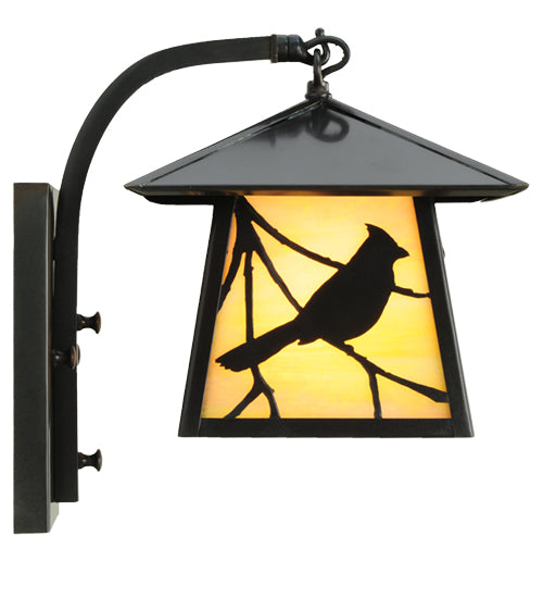 Meyda Lighting Stillwater 8" Craftsman Brown Song Bird Curved Arm Wall Sconce With Beige Irridescent Shade Glass