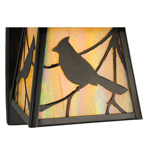 Meyda Lighting Stillwater 8" Craftsman Brown Song Bird Curved Arm Wall Sconce With Beige Irridescent Shade Glass