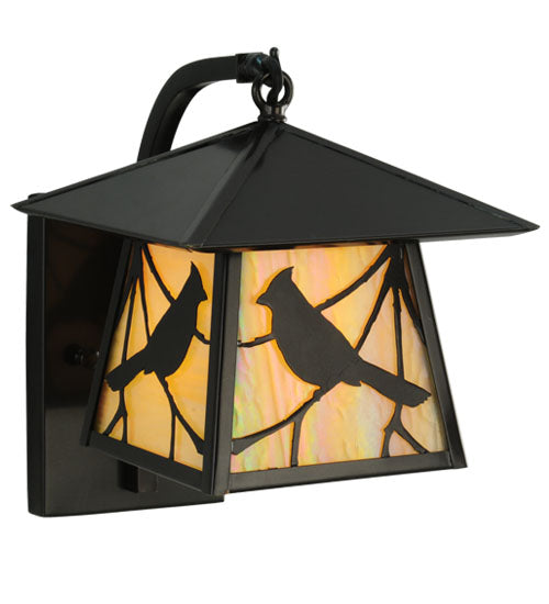 Meyda Lighting Stillwater 8" Craftsman Brown Song Bird Curved Arm Wall Sconce With Beige Irridescent Shade Glass