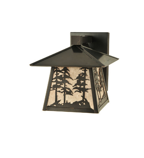 Meyda Lighting Stillwater 8" Craftsman Brown Tall Pine Trees Wall Sconce With Silver Mica Shade Glass
