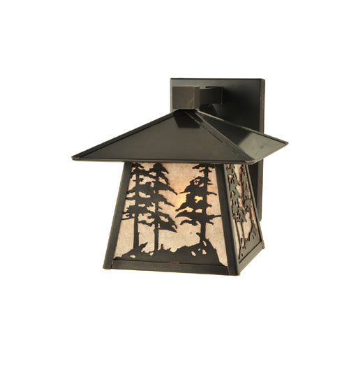 Meyda Lighting Stillwater 8" Craftsman Brown Tall Pine Trees Wall Sconce With Silver Mica Shade Glass