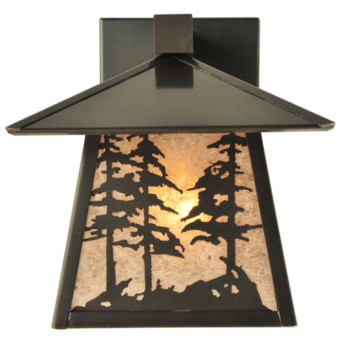 Meyda Lighting Stillwater 8" Craftsman Brown Tall Pine Trees Wall Sconce With Silver Mica Shade Glass