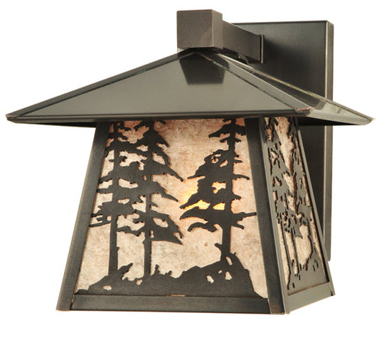Meyda Lighting Stillwater 8" Craftsman Brown Tall Pine Trees Wall Sconce With Silver Mica Shade Glass