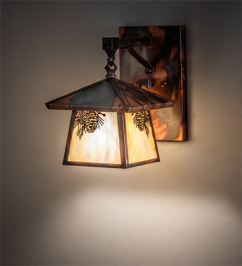 Meyda Lighting Stillwater 8" Dark Burnished Copper Winter Pine Hanging Wall Sconce With Beige Iridescent Shade Glass