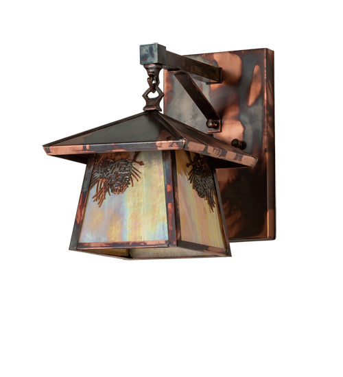 Meyda Lighting Stillwater 8" Dark Burnished Copper Winter Pine Hanging Wall Sconce With Beige Iridescent Shade Glass