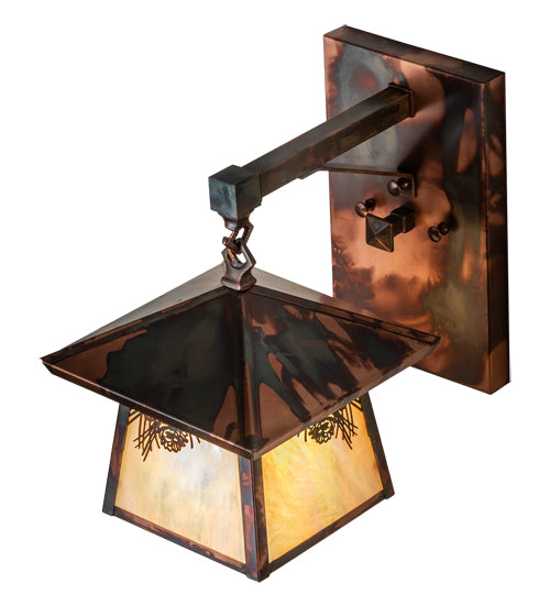 Meyda Lighting Stillwater 8" Dark Burnished Copper Winter Pine Hanging Wall Sconce With Beige Iridescent Shade Glass