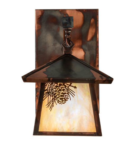 Meyda Lighting Stillwater 8" Dark Burnished Copper Winter Pine Hanging Wall Sconce With Beige Iridescent Shade Glass