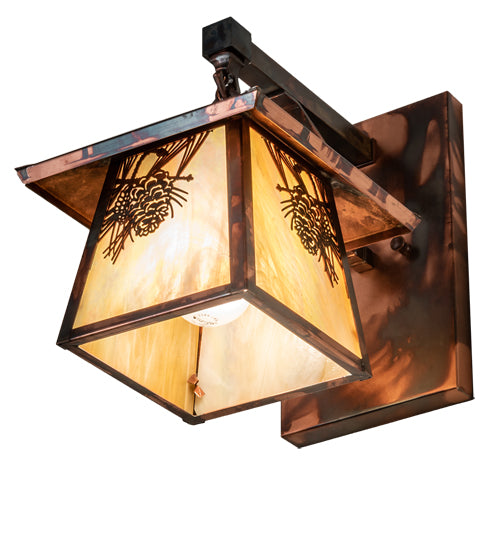 Meyda Lighting Stillwater 8" Dark Burnished Copper Winter Pine Hanging Wall Sconce With Beige Iridescent Shade Glass