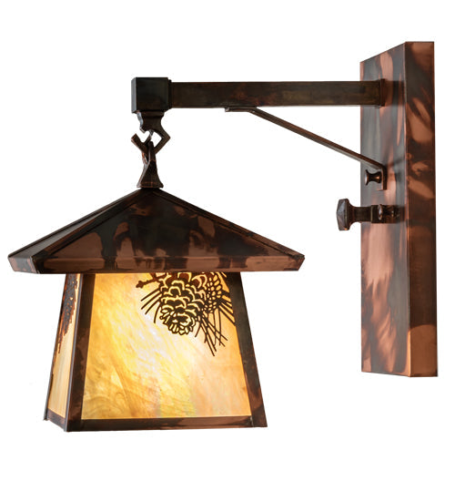 Meyda Lighting Stillwater 8" Dark Burnished Copper Winter Pine Hanging Wall Sconce With Beige Iridescent Shade Glass