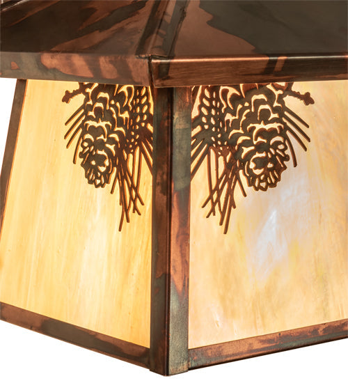 Meyda Lighting Stillwater 8" Dark Burnished Copper Winter Pine Hanging Wall Sconce With Beige Iridescent Shade Glass