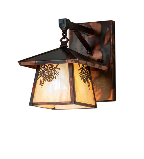 Meyda Lighting Stillwater 8" Dark Burnished Copper Winter Pine Hanging Wall Sconce With Beige Iridescent Shade Glass