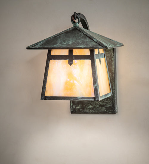 Meyda Lighting Stillwater 8" Verdigris Cross Mission Wall Sconce With Beige Iridescent Shade Glass