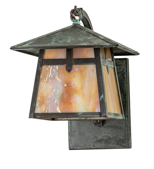 Meyda Lighting Stillwater 8" Verdigris Cross Mission Wall Sconce With Beige Iridescent Shade Glass