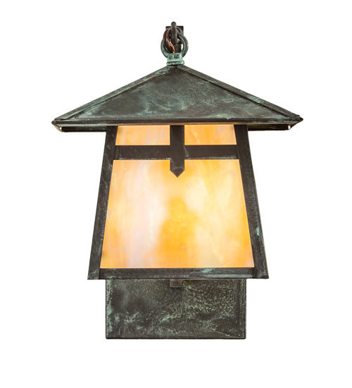 Meyda Lighting Stillwater 8" Verdigris Cross Mission Wall Sconce With Beige Iridescent Shade Glass