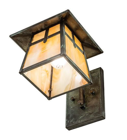 Meyda Lighting Stillwater 8" Verdigris Cross Mission Wall Sconce With Beige Iridescent Shade Glass