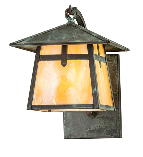 Meyda Lighting Stillwater 8" Verdigris Cross Mission Wall Sconce With Beige Iridescent Shade Glass