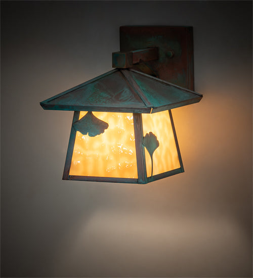 Meyda Lighting Stillwater 8" Verdigris Ginkgo Straight Arm Wall Sconce With Beige Flemish Shade Glass