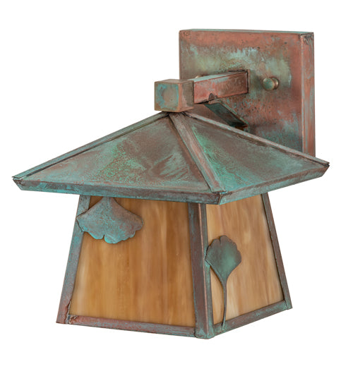 Meyda Lighting Stillwater 8" Verdigris Ginkgo Straight Arm Wall Sconce With Beige Flemish Shade Glass