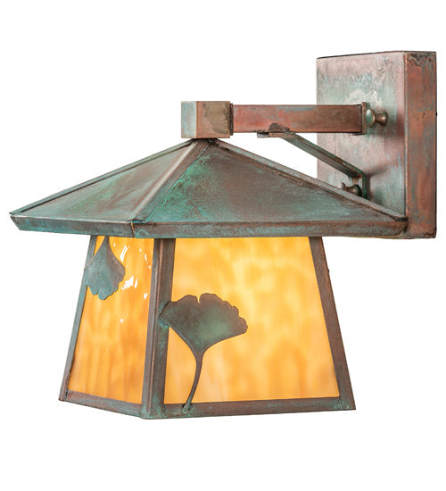 Meyda Lighting Stillwater 8" Verdigris Ginkgo Straight Arm Wall Sconce With Beige Flemish Shade Glass