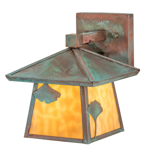 Meyda Lighting Stillwater 8" Verdigris Ginkgo Straight Arm Wall Sconce With Beige Flemish Shade Glass
