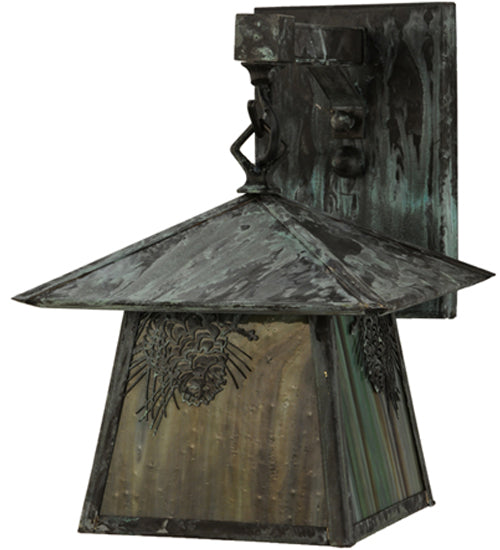 Meyda Lighting Stillwater 8" Verdigris Winter Pine Straight Arm Wall Sconce With Beige Iridescent Shade Glass