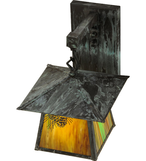 Meyda Lighting Stillwater 8" Verdigris Winter Pine Straight Arm Wall Sconce With Beige Iridescent Shade Glass