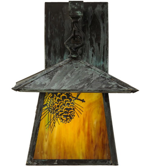 Meyda Lighting Stillwater 8" Verdigris Winter Pine Straight Arm Wall Sconce With Beige Iridescent Shade Glass