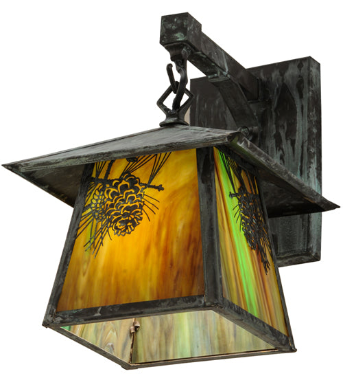 Meyda Lighting Stillwater 8" Verdigris Winter Pine Straight Arm Wall Sconce With Beige Iridescent Shade Glass