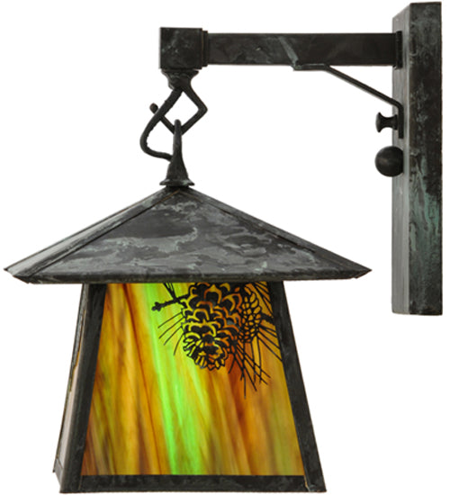 Meyda Lighting Stillwater 8" Verdigris Winter Pine Straight Arm Wall Sconce With Beige Iridescent Shade Glass